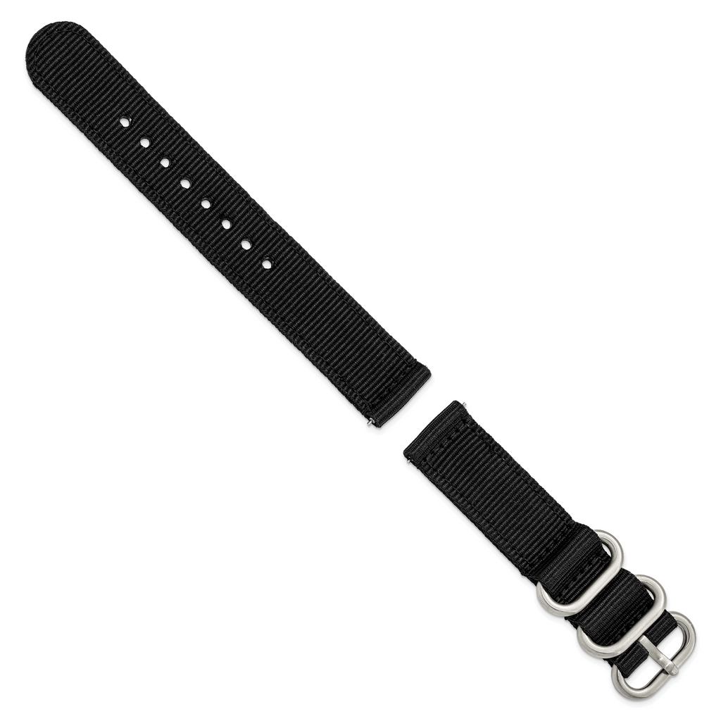 18mm Two-Piece Black Ballistic Nylon with Brushed Stainless Steel Buckle and Quick Release Spring Bars 8.5 inch Watch Band
