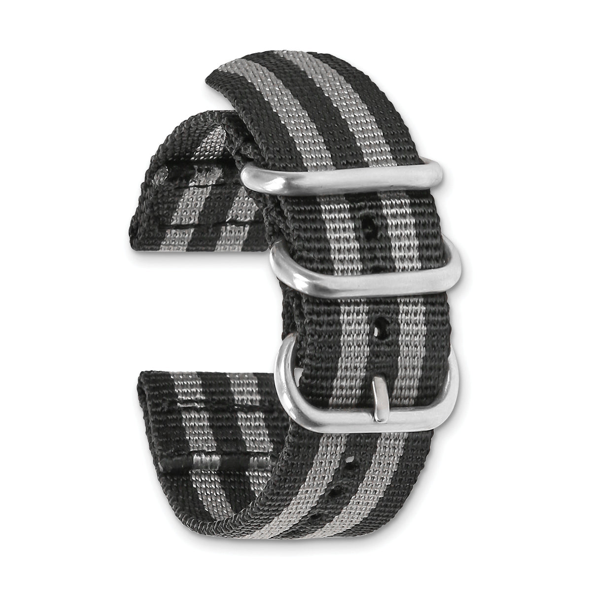 18mm Two-Piece Black with Grey Stripes Ballistic Nylon with Brushed Stainless Steel Buckle and Quick Release Spring Bars 8.5 inch Watch Band