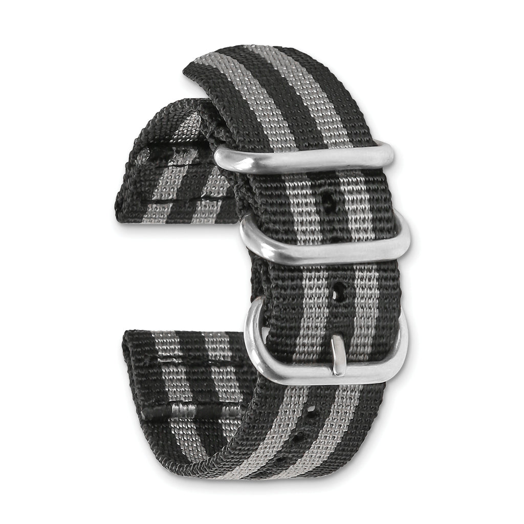 18mm Two-Piece Black with Grey Stripes Ballistic Nylon with Brushed Stainless Steel Buckle and Quick Release Spring Bars 8.5 inch Watch Band