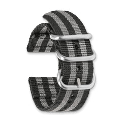 18mm Two-Piece Black with Grey Stripes Ballistic Nylon with Brushed Stainless Steel Buckle and Quick Release Spring Bars 8.5 inch Watch Band