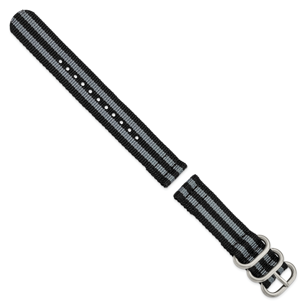 18mm Two-Piece Black with Grey Stripes Ballistic Nylon with Brushed Stainless Steel Buckle and Quick Release Spring Bars 8.5 inch Watch Band