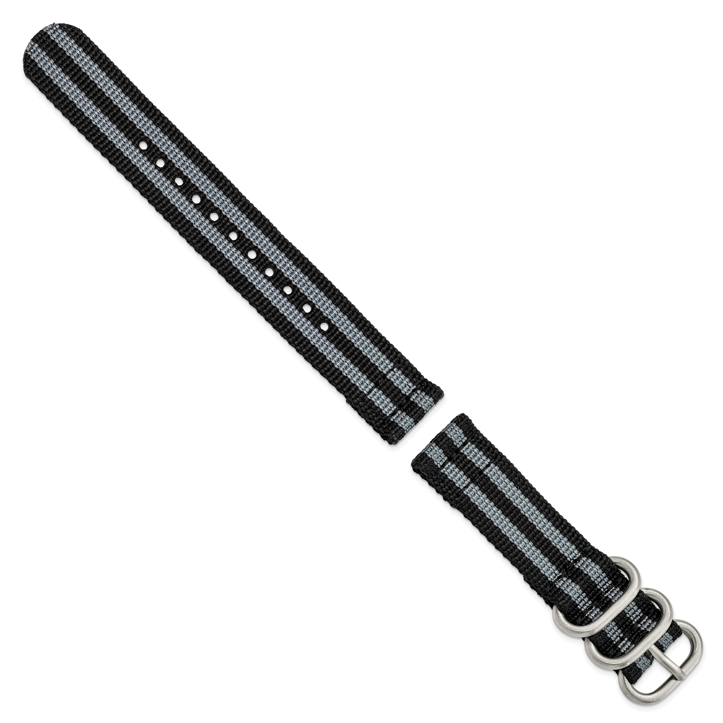 18mm Two-Piece Black with Grey Stripes Ballistic Nylon with Brushed Stainless Steel Buckle and Quick Release Spring Bars 8.5 inch Watch Band