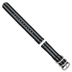 18mm Two-Piece Black with Grey Stripes Ballistic Nylon with Brushed Stainless Steel Buckle and Quick Release Spring Bars 8.5 inch Watch Band