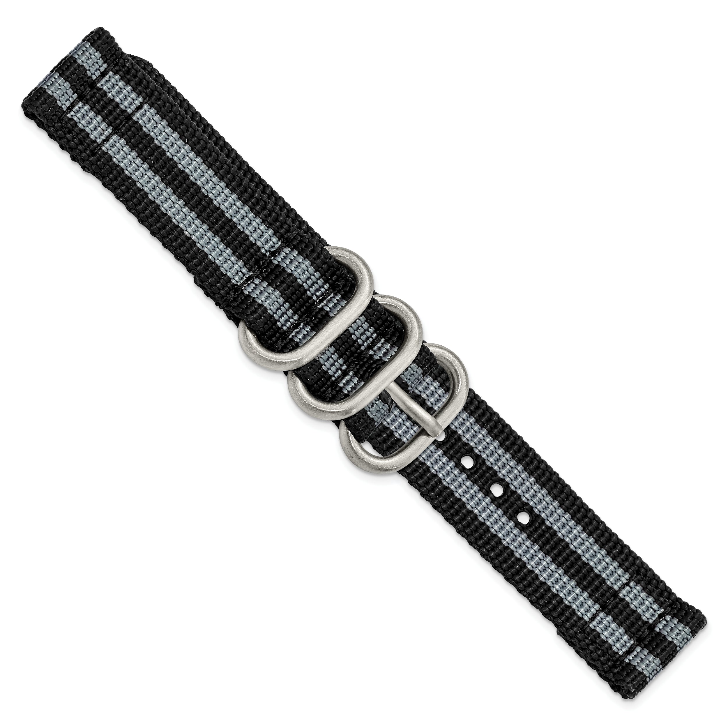 18mm Two-Piece Black with Grey Stripes Ballistic Nylon with Brushed Stainless Steel Buckle and Quick Release Spring Bars 8.5 inch Watch Band