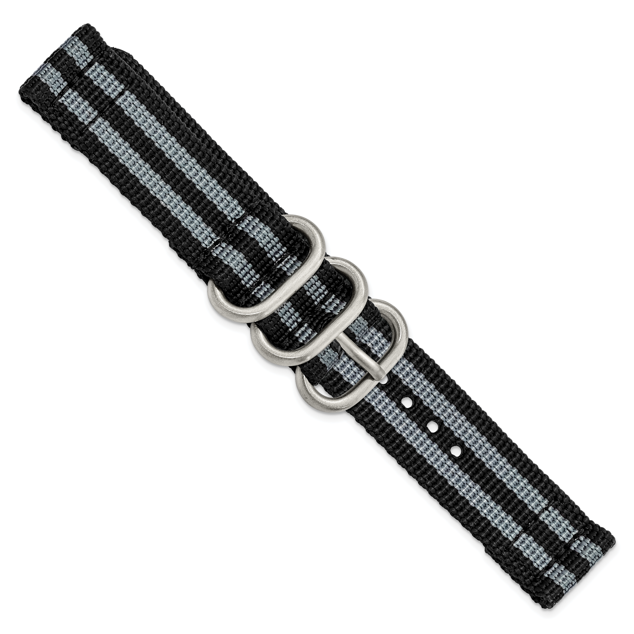 18mm Two-Piece Black with Grey Stripes Ballistic Nylon with Brushed Stainless Steel Buckle and Quick Release Spring Bars 8.5 inch Watch Band
