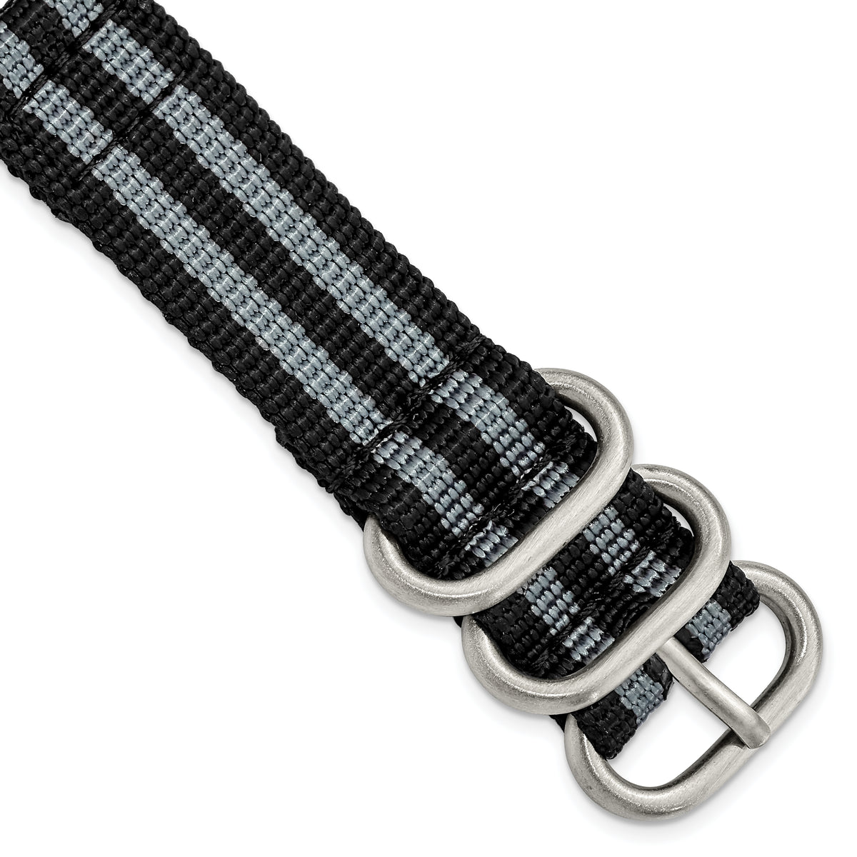 18mm Two-Piece Black with Grey Stripes Ballistic Nylon with Brushed Stainless Steel Buckle and Quick Release Spring Bars 8.5 inch Watch Band