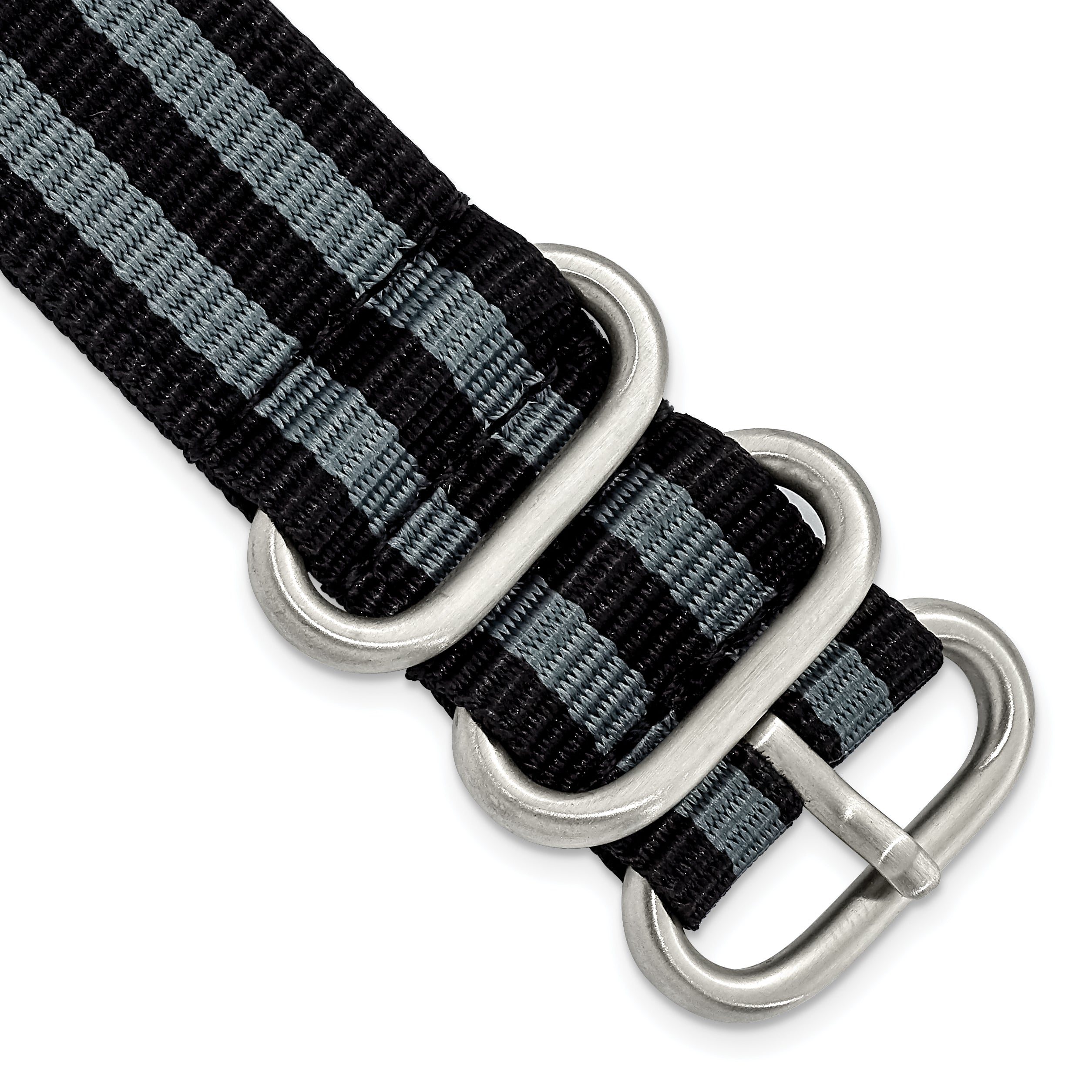 18mm Two-Piece Black with Grey Stripes Ballistic Nylon with Brushed Stainless Steel Buckle and Quick Release Spring Bars 8.5 inch Watch Band