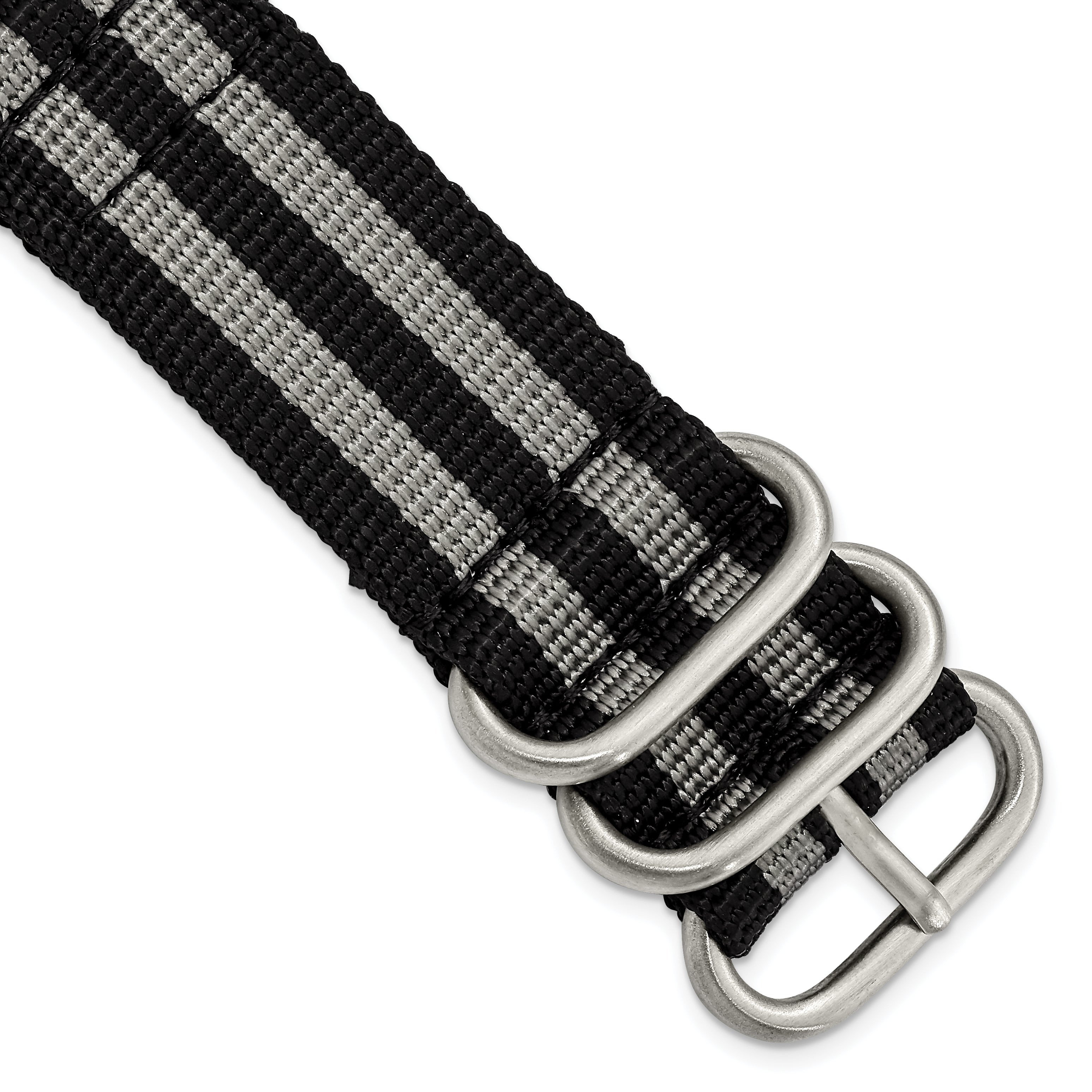 18mm Two-Piece Black with Grey Stripes Ballistic Nylon with Brushed Stainless Steel Buckle and Quick Release Spring Bars 8.5 inch Watch Band