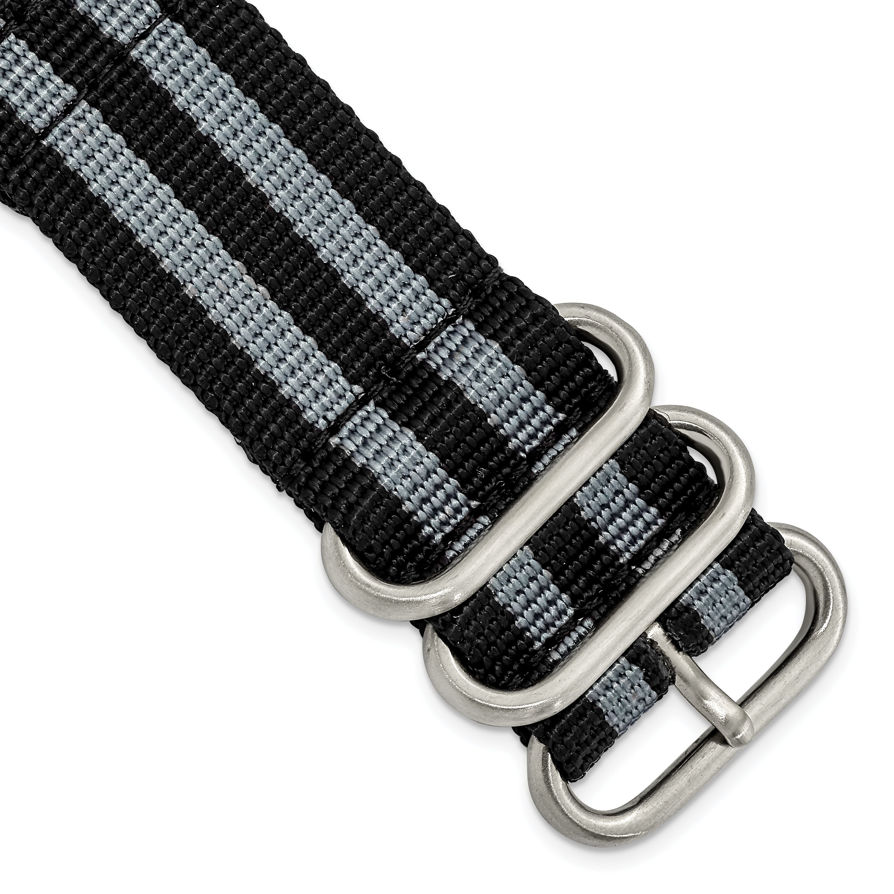 18mm Two-Piece Black with Grey Stripes Ballistic Nylon with Brushed Stainless Steel Buckle and Quick Release Spring Bars 8.5 inch Watch Band