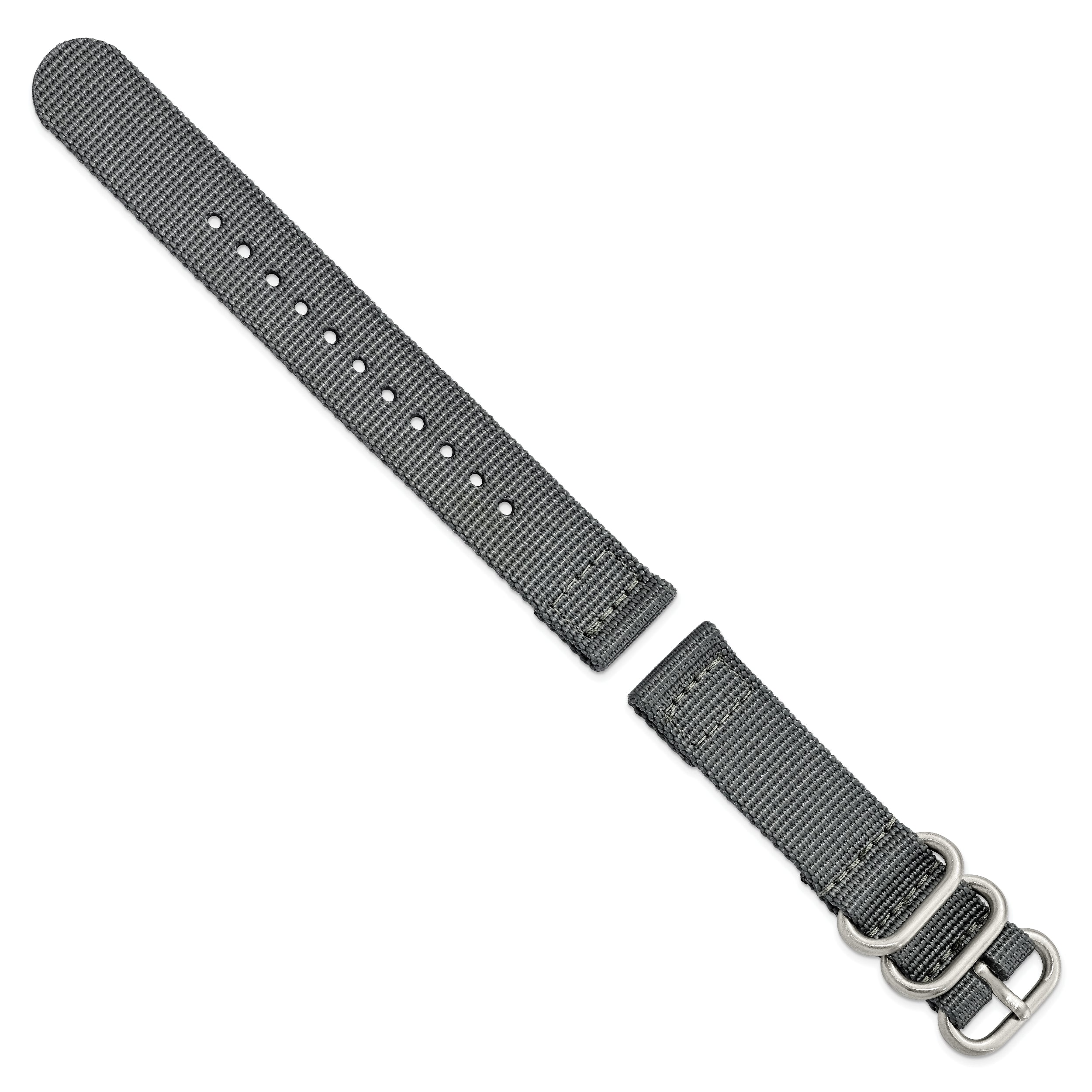 18mm Two-Piece Grey Ballistic Nylon with Brushed Stainless Steel Buckle and Quick Release Spring Bars 8.5 inch Watch Band