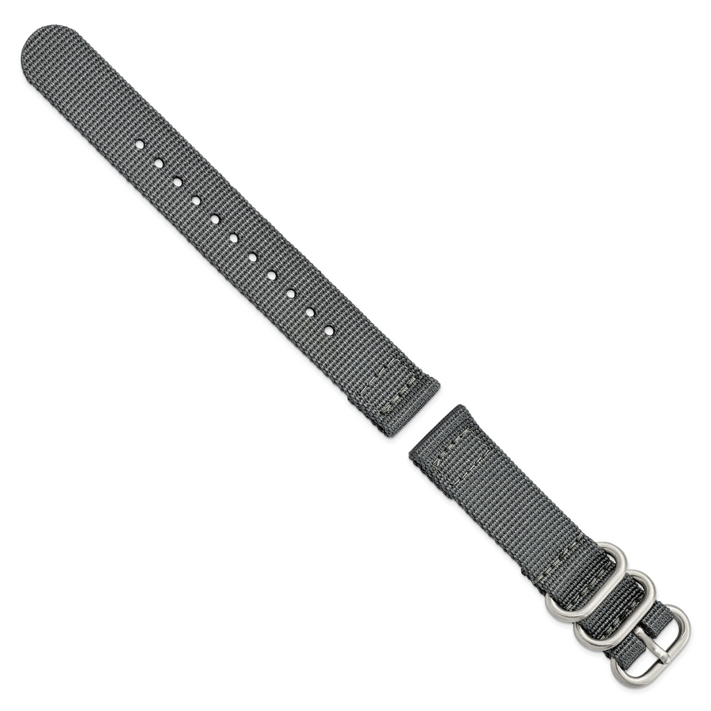 18mm Two-Piece Grey Ballistic Nylon with Brushed Stainless Steel Buckle and Quick Release Spring Bars 8.5 inch Watch Band
