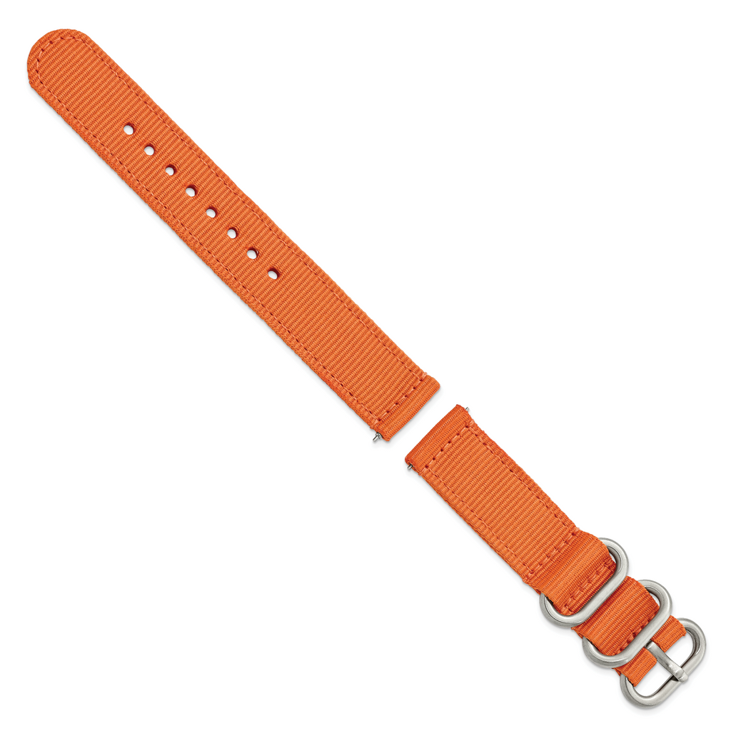 18mm Two-Piece Orange Ballistic Nylon with Brushed Stainless Steel Buckle and Quick Release Spring Bars 8.5 inch Watch Band