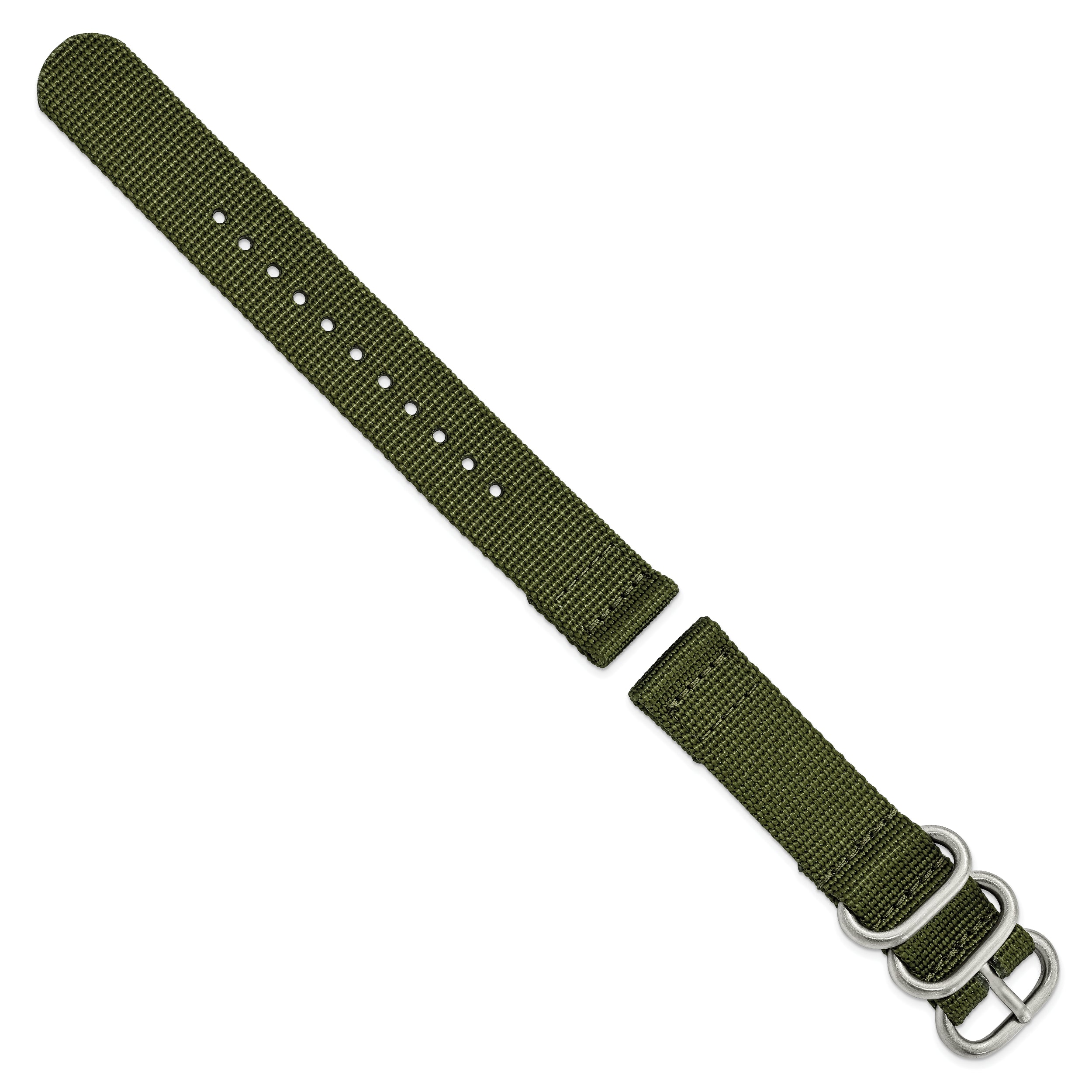 18mm Two-Piece Olive Ballistic Nylon with Brushed Stainless Steel Buckle and Quick Release Spring Bars 8.5 inch Watch Band