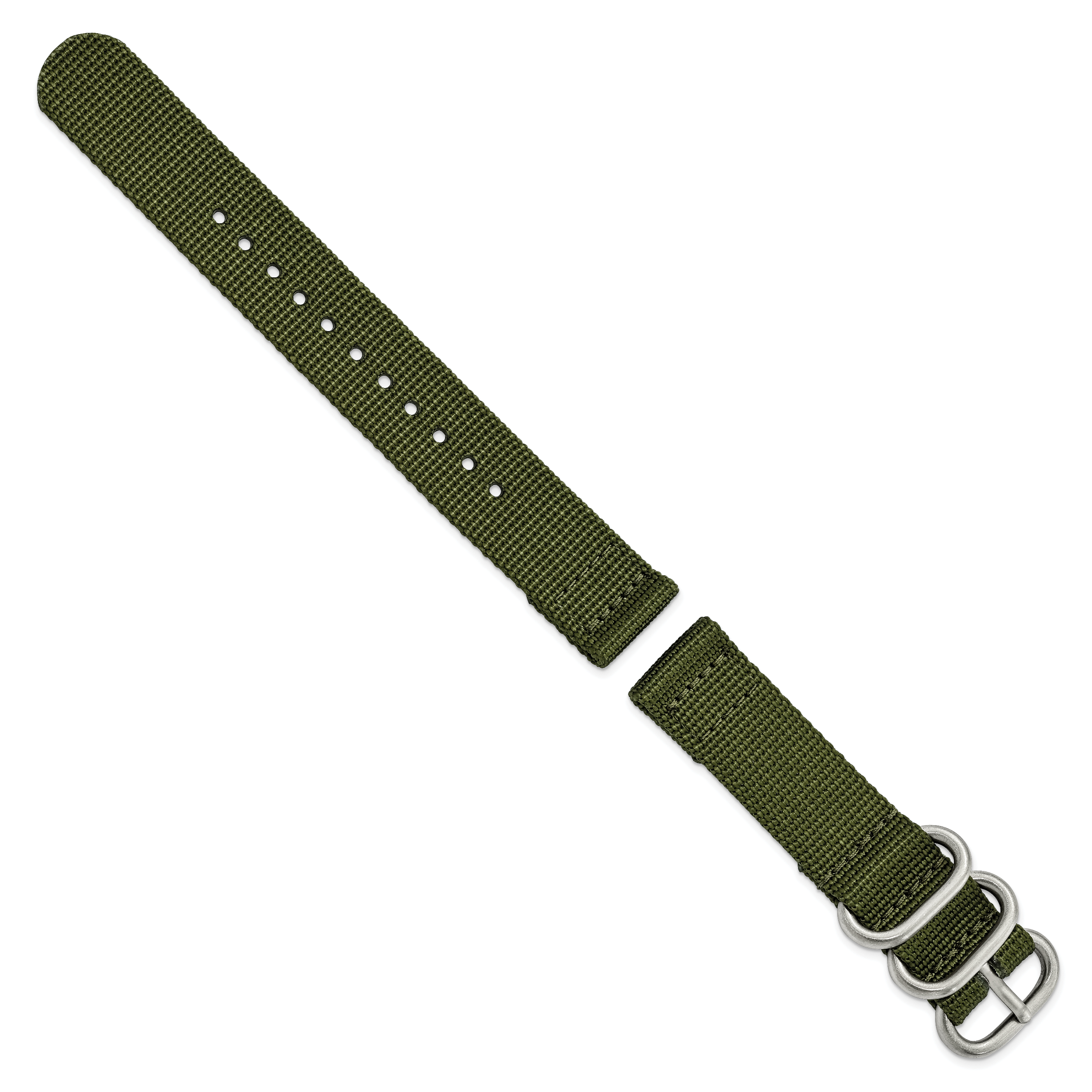 18mm Two-Piece Olive Ballistic Nylon with Brushed Stainless Steel Buckle and Quick Release Spring Bars 8.5 inch Watch Band