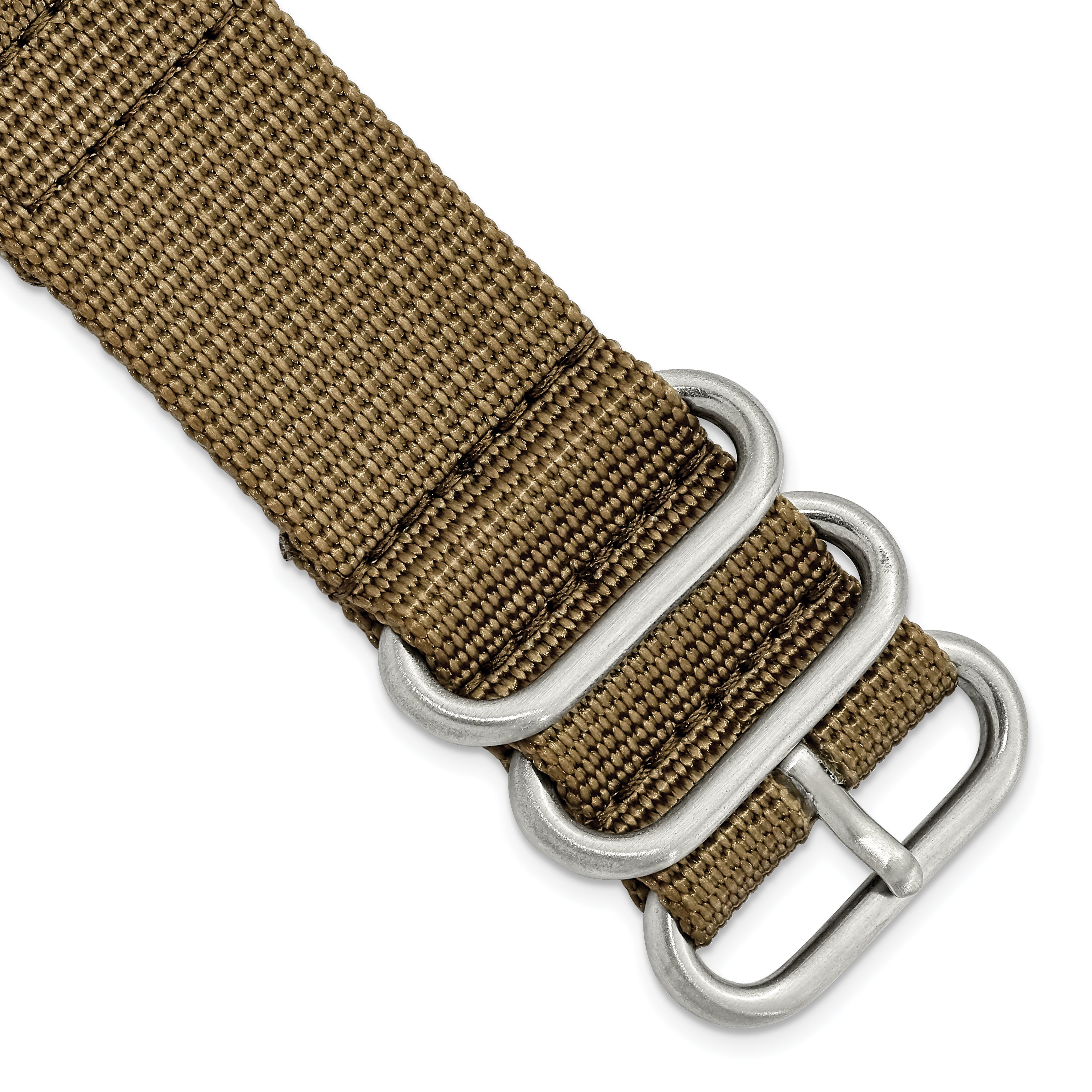 18mm Two-Piece Khaki Brown Ballistic Nylon with Brushed Stainless Steel Buckle and Quick Release Spring Bars 8.5 inch Watch Band