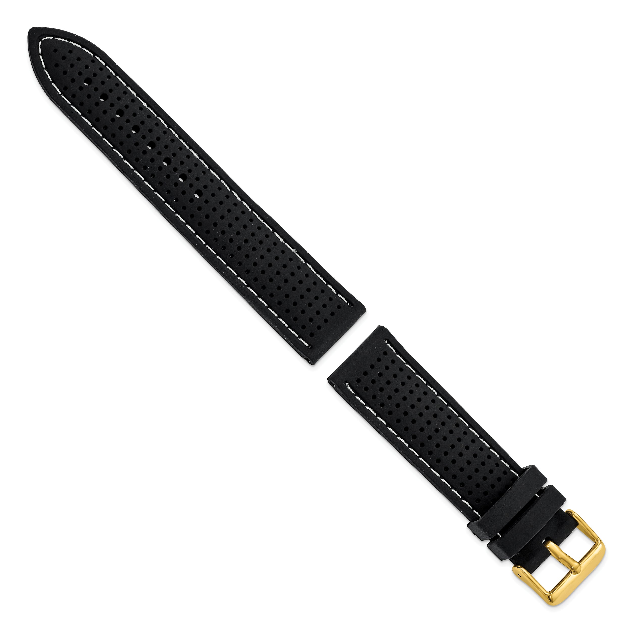 22mm Black Ventilated Silicone with White Stitching and Gold-tone Buckle 8 inch Watch Band