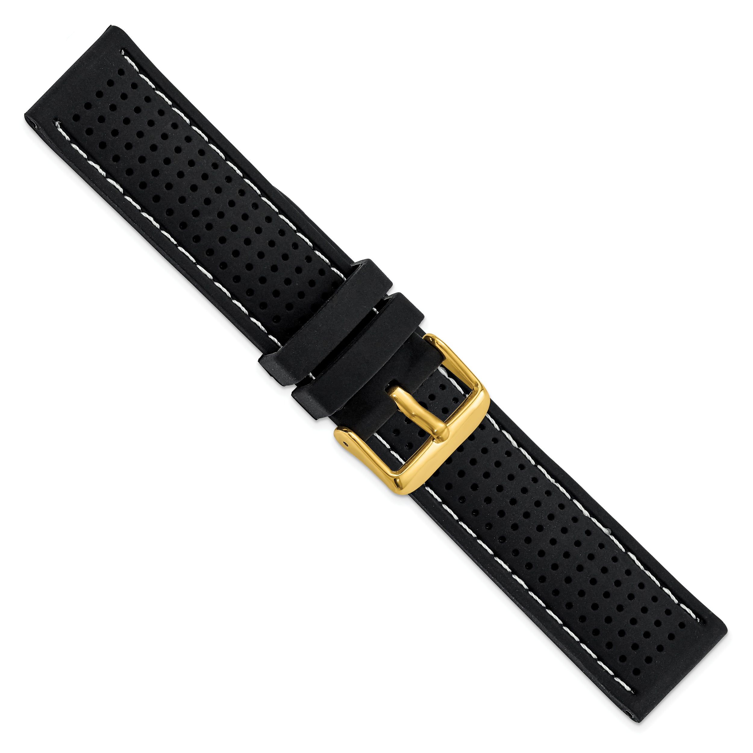 22mm Black Ventilated Silicone with White Stitching and Gold-tone Buckle 8 inch Watch Band