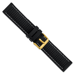 22mm Black Ventilated Silicone with White Stitching and Gold-tone Buckle 8 inch Watch Band