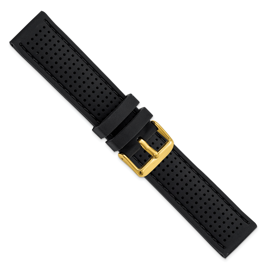 DeBeer 22mm Black Ventilated Silicone with Black Stitching and Gold-tone Buckle 8 inch Watch Band