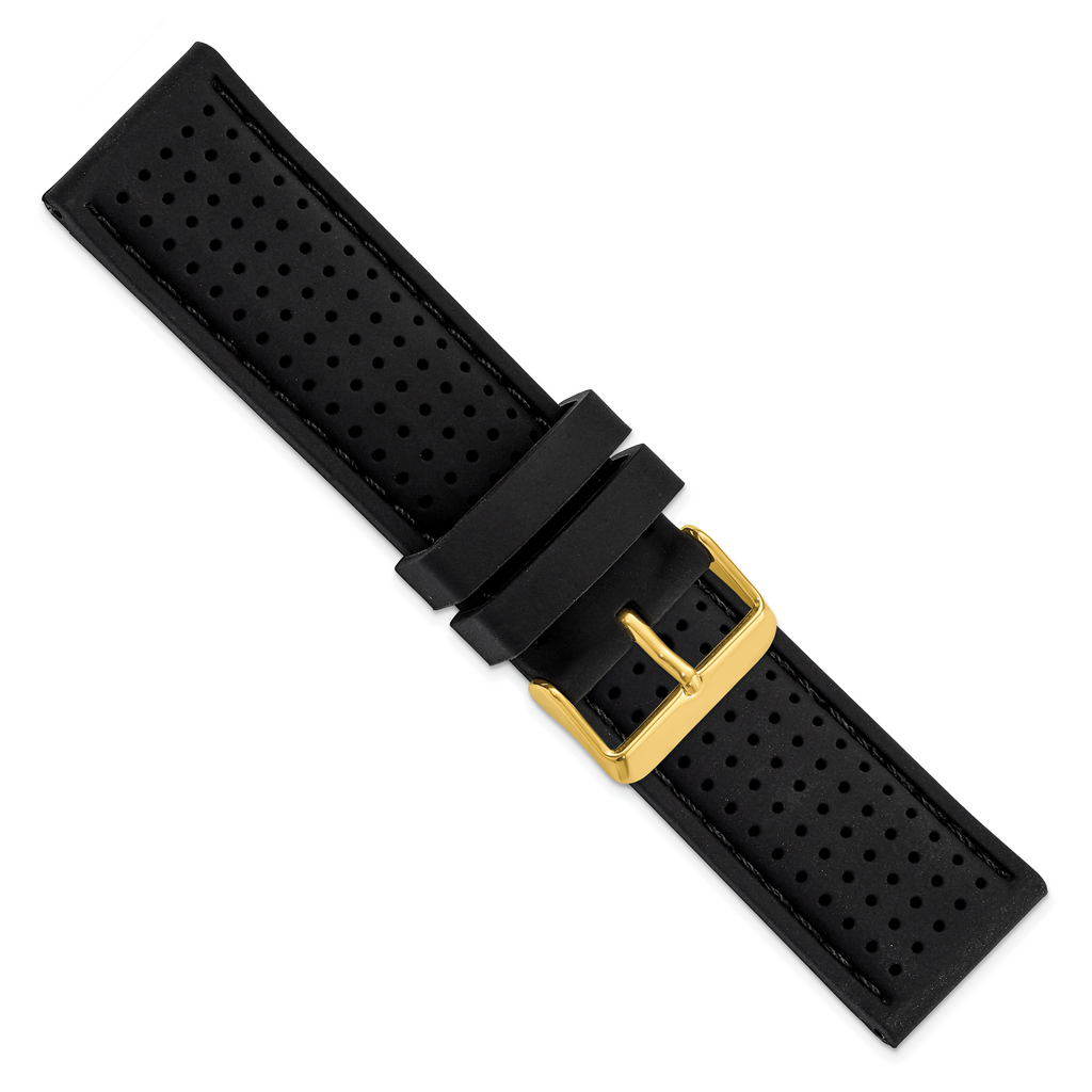DeBeer 24mm Black Ventilated Silicone with Black Stitching and Gold-tone Buckle 8 inch Watch Band