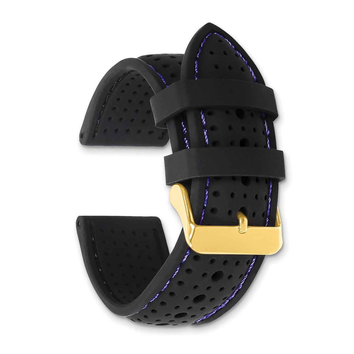 18mm Black Ventilated Silicone with Blue Stitching and Gold-tone Buckle 8 inch Watch Band