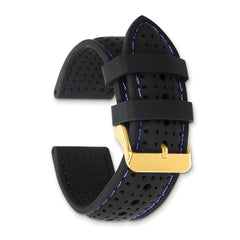 18mm Black Ventilated Silicone with Blue Stitching and Gold-tone Buckle 8 inch Watch Band