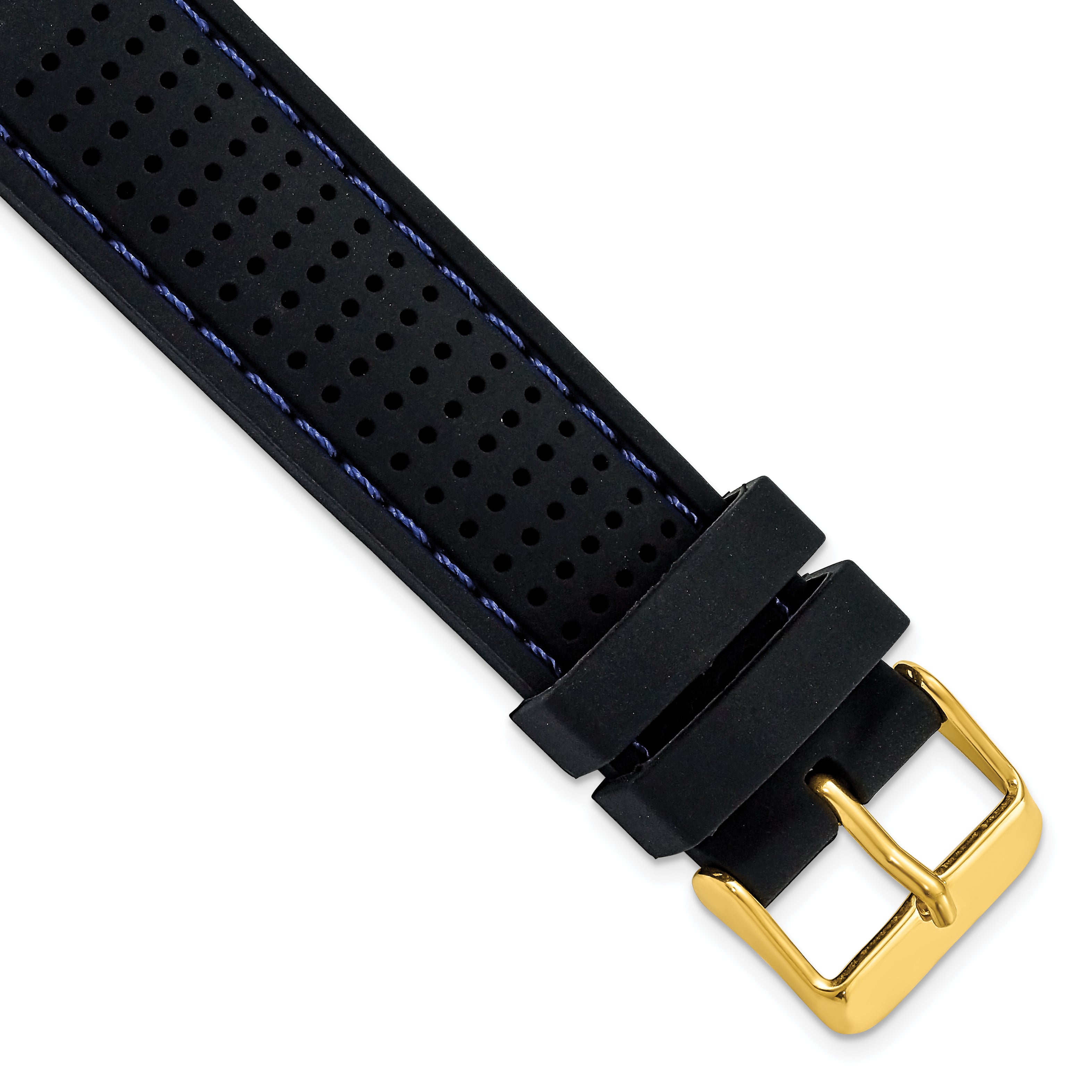18mm Black Ventilated Silicone with Blue Stitching and Gold-tone Buckle 8 inch Watch Band