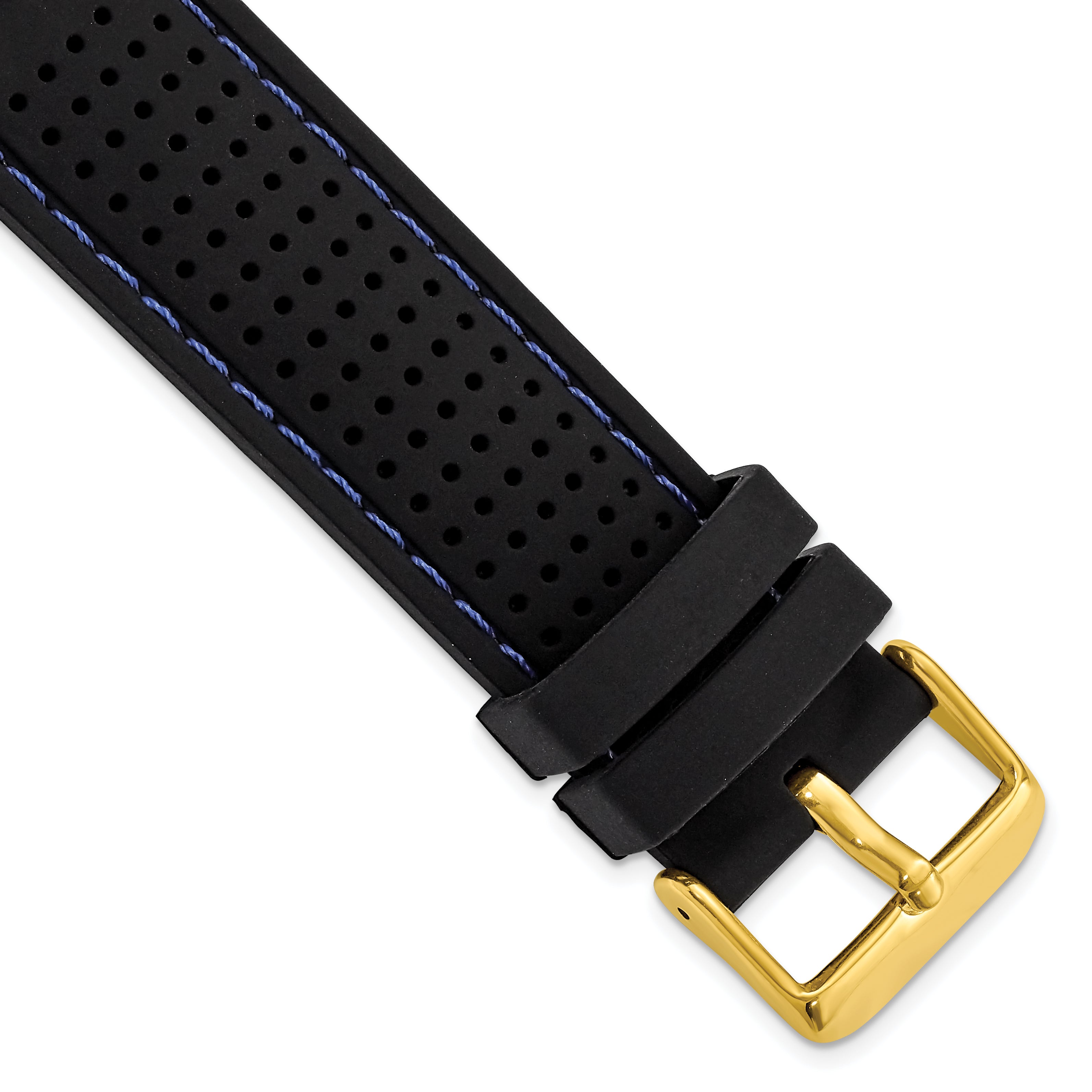 18mm Black Ventilated Silicone with Blue Stitching and Gold-tone Buckle 8 inch Watch Band