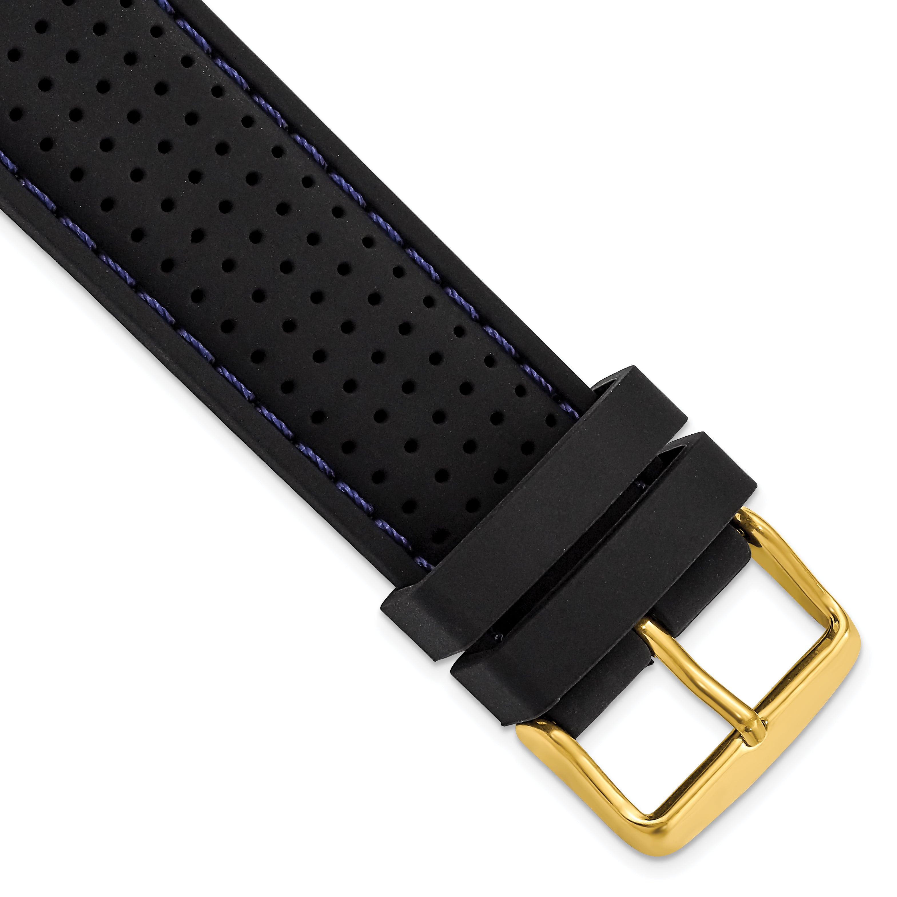 18mm Black Ventilated Silicone with Blue Stitching and Gold-tone Buckle 8 inch Watch Band