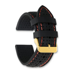 18mm Black Ventilated Silicone with Red Stitching and Gold-tone Buckle 8 inch Watch Band