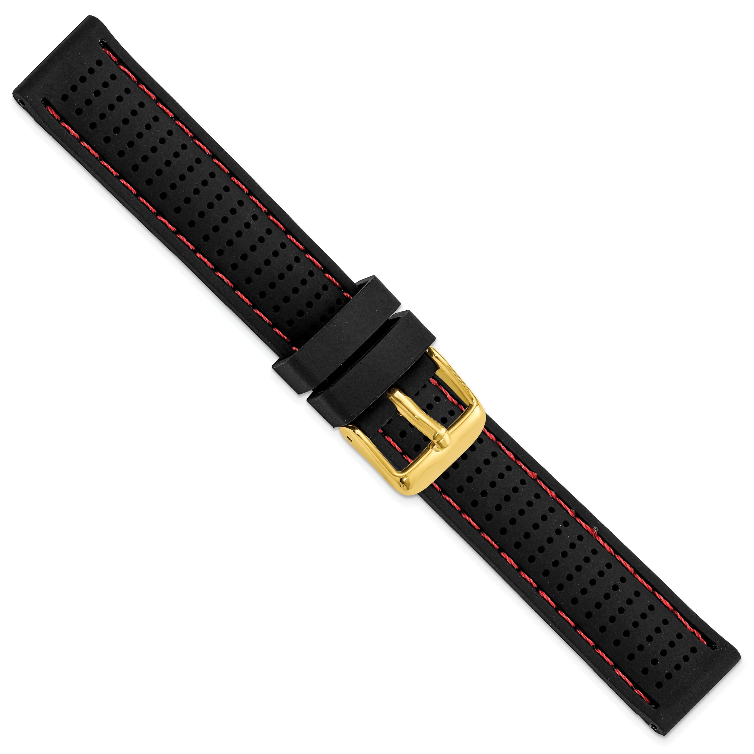 18mm Black Ventilated Silicone with Red Stitching and Gold-tone Buckle 8 inch Watch Band
