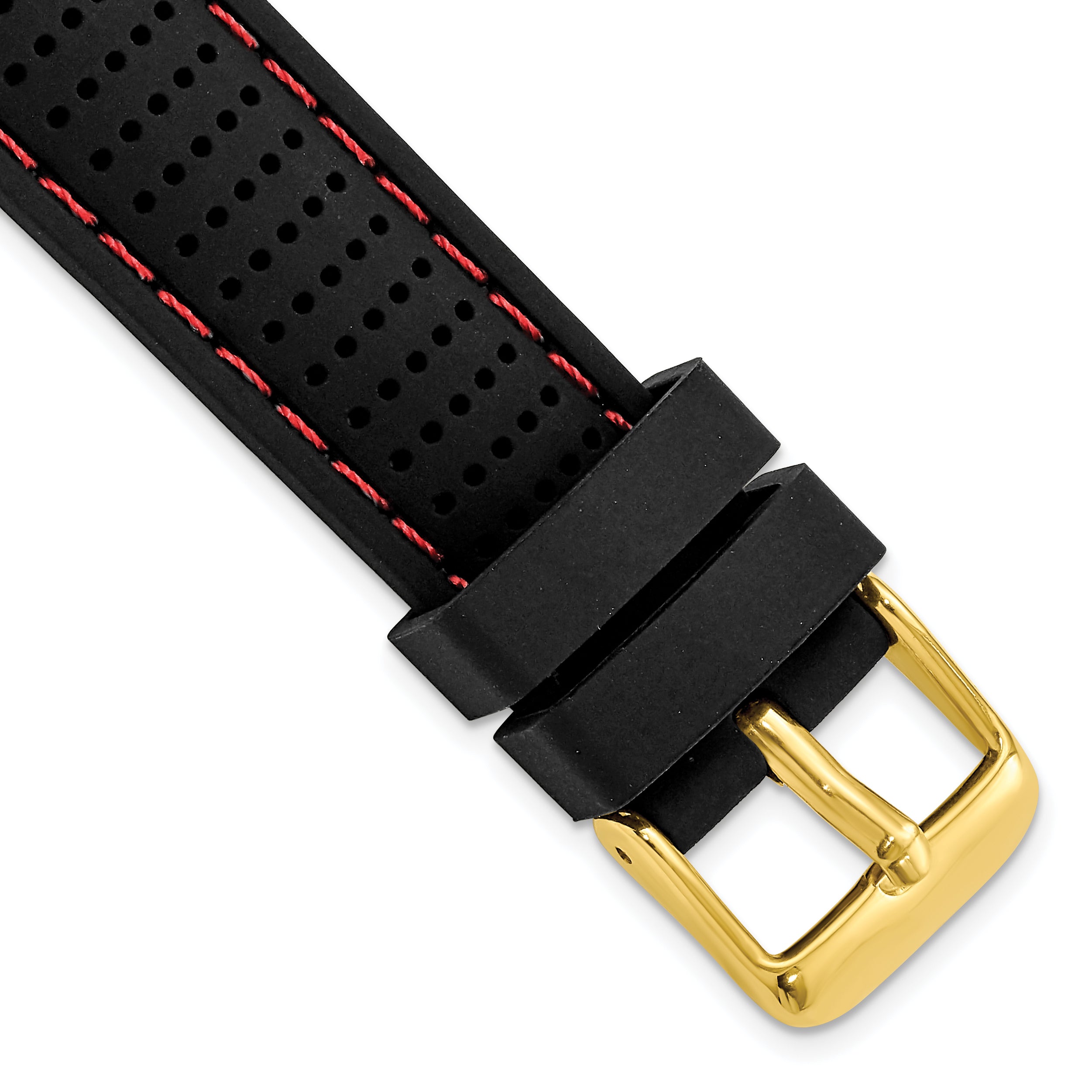 18mm Black Ventilated Silicone with Red Stitching and Gold-tone Buckle 8 inch Watch Band Main image