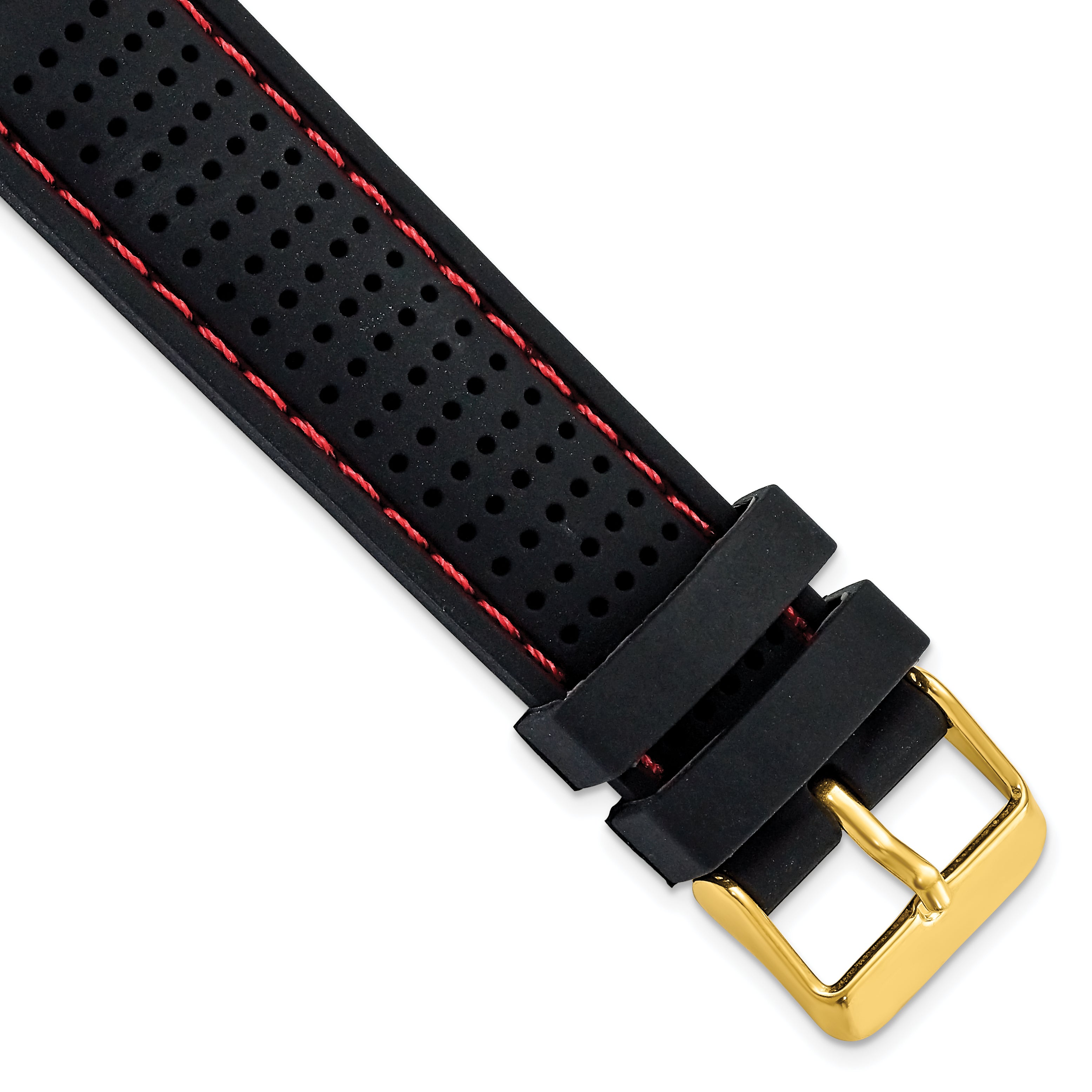 18mm Black Ventilated Silicone with Red Stitching and Gold-tone Buckle 8 inch Watch Band