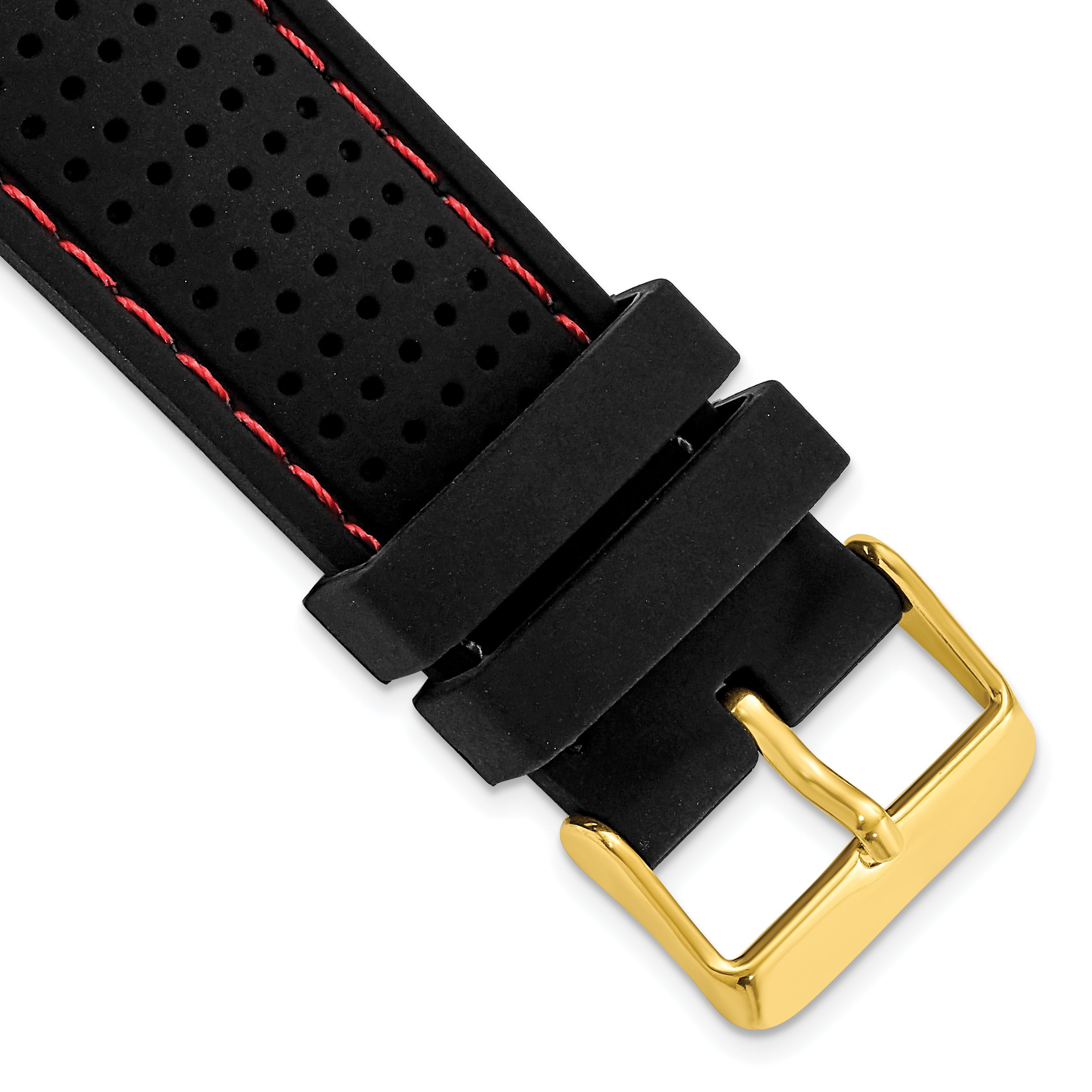 18mm Black Ventilated Silicone with Red Stitching and Gold-tone Buckle 8 inch Watch Band