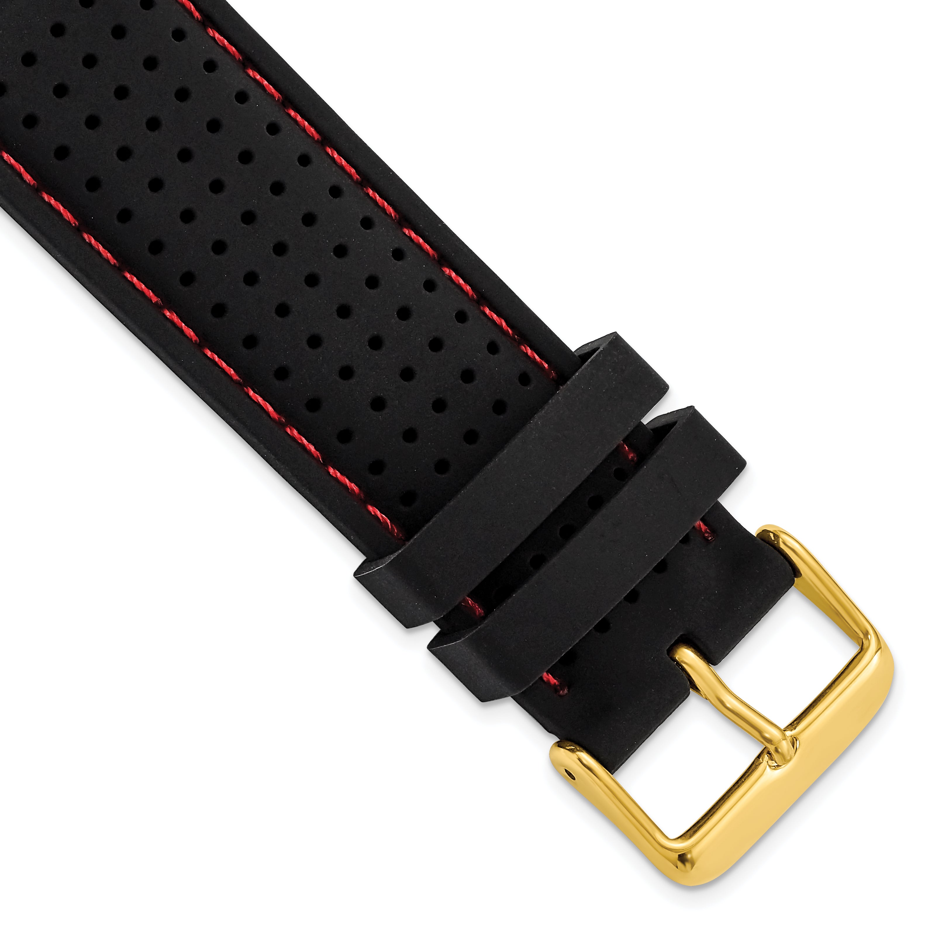 18mm Black Ventilated Silicone with Red Stitching and Gold-tone Buckle 8 inch Watch Band