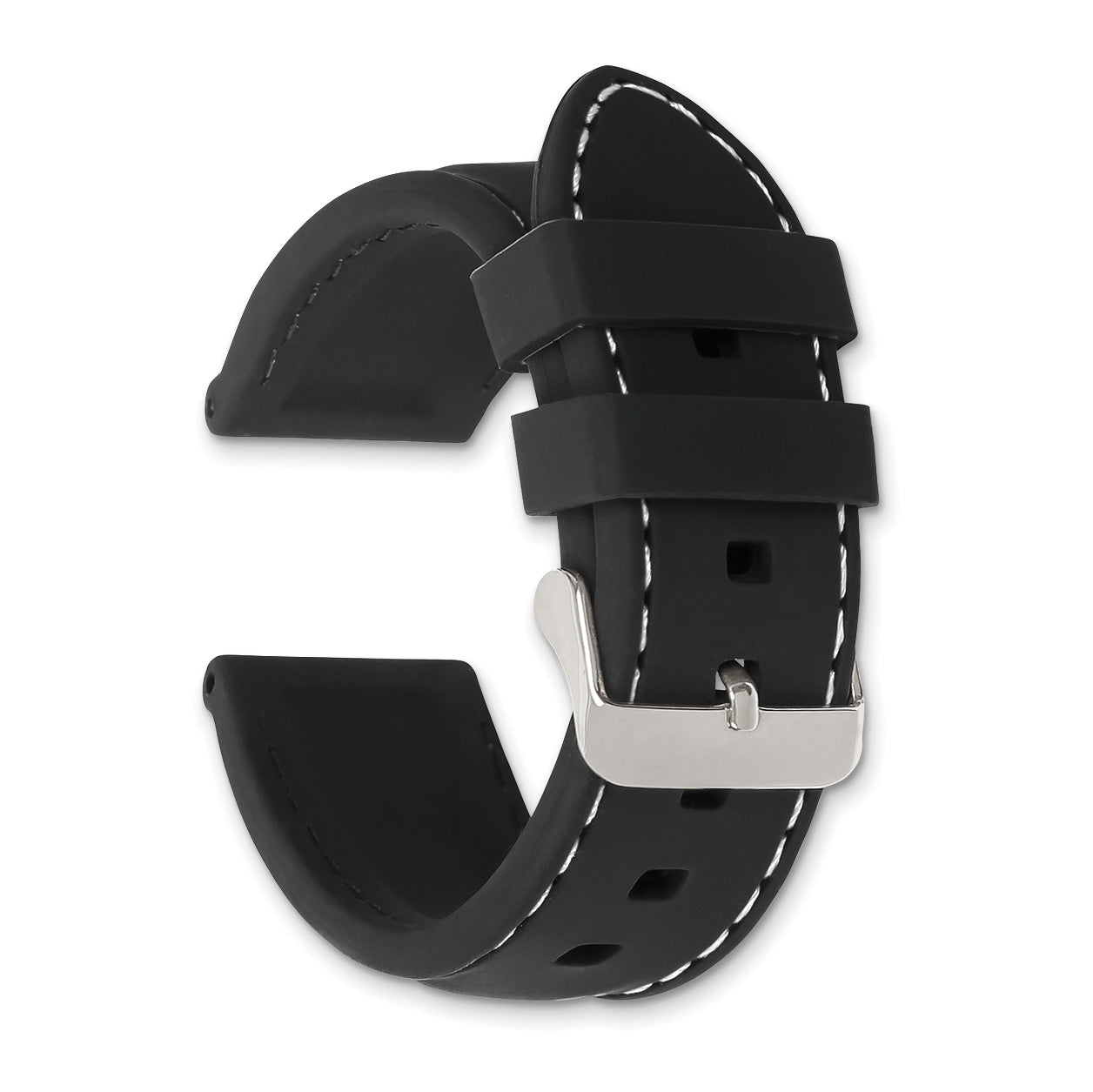 20mm Black Smooth Silicone with White Stitching and Silver-tone Buckle 8 inch Watch Band