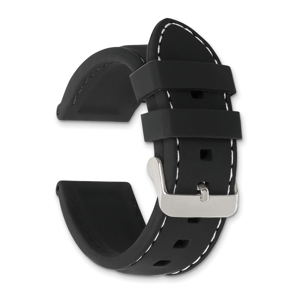 20mm Black Smooth Silicone with White Stitching and Silver-tone Buckle 8 inch Watch Band