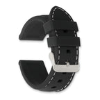 20mm Black Smooth Silicone with White Stitching and Silver-tone Buckle 8 inch Watch Band