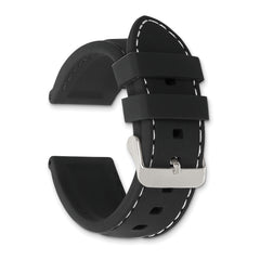 20mm Black Smooth Silicone with White Stitching and Silver-tone Buckle 8 inch Watch Band
