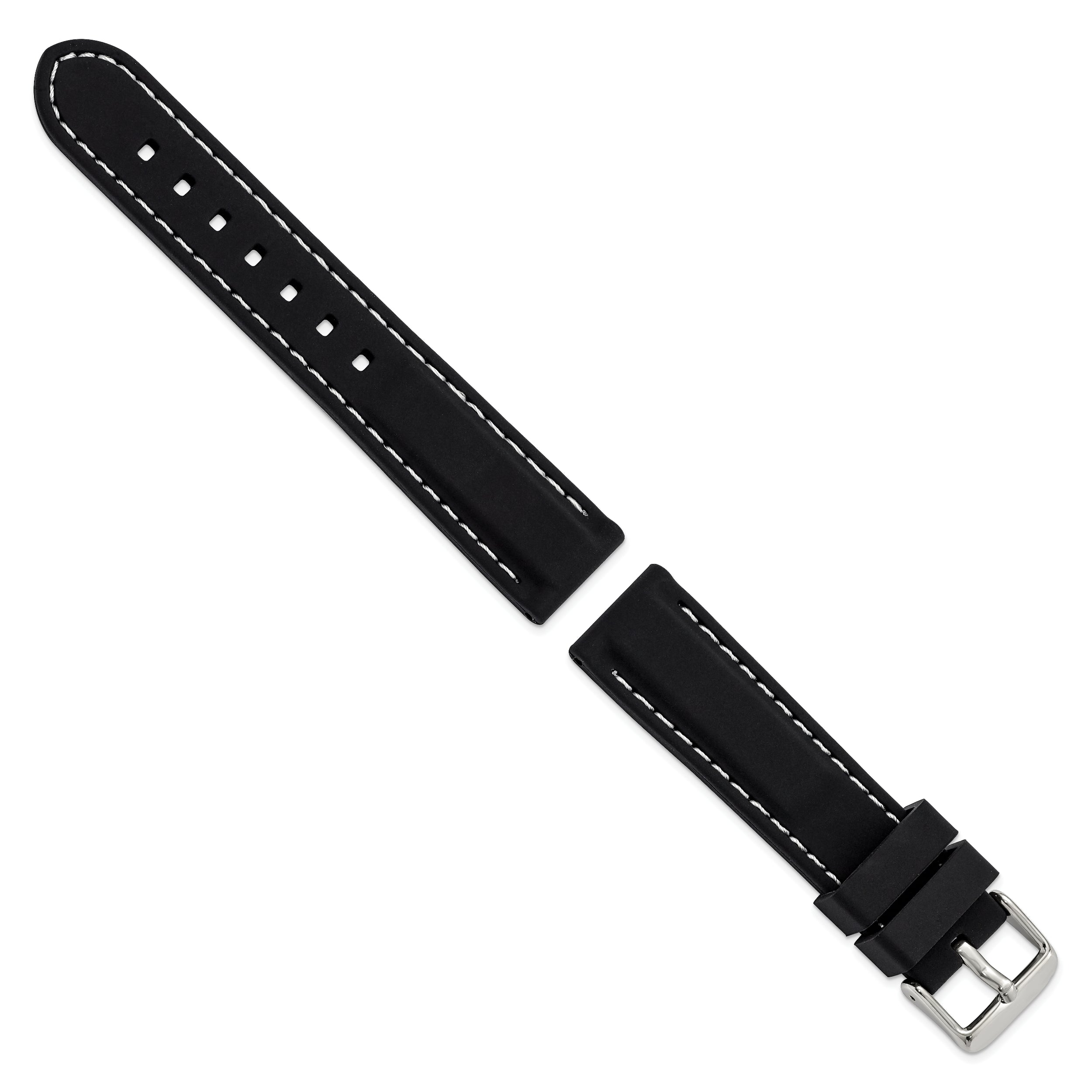 20mm Black Smooth Silicone with White Stitching and Silver-tone Buckle 8 inch Watch Band