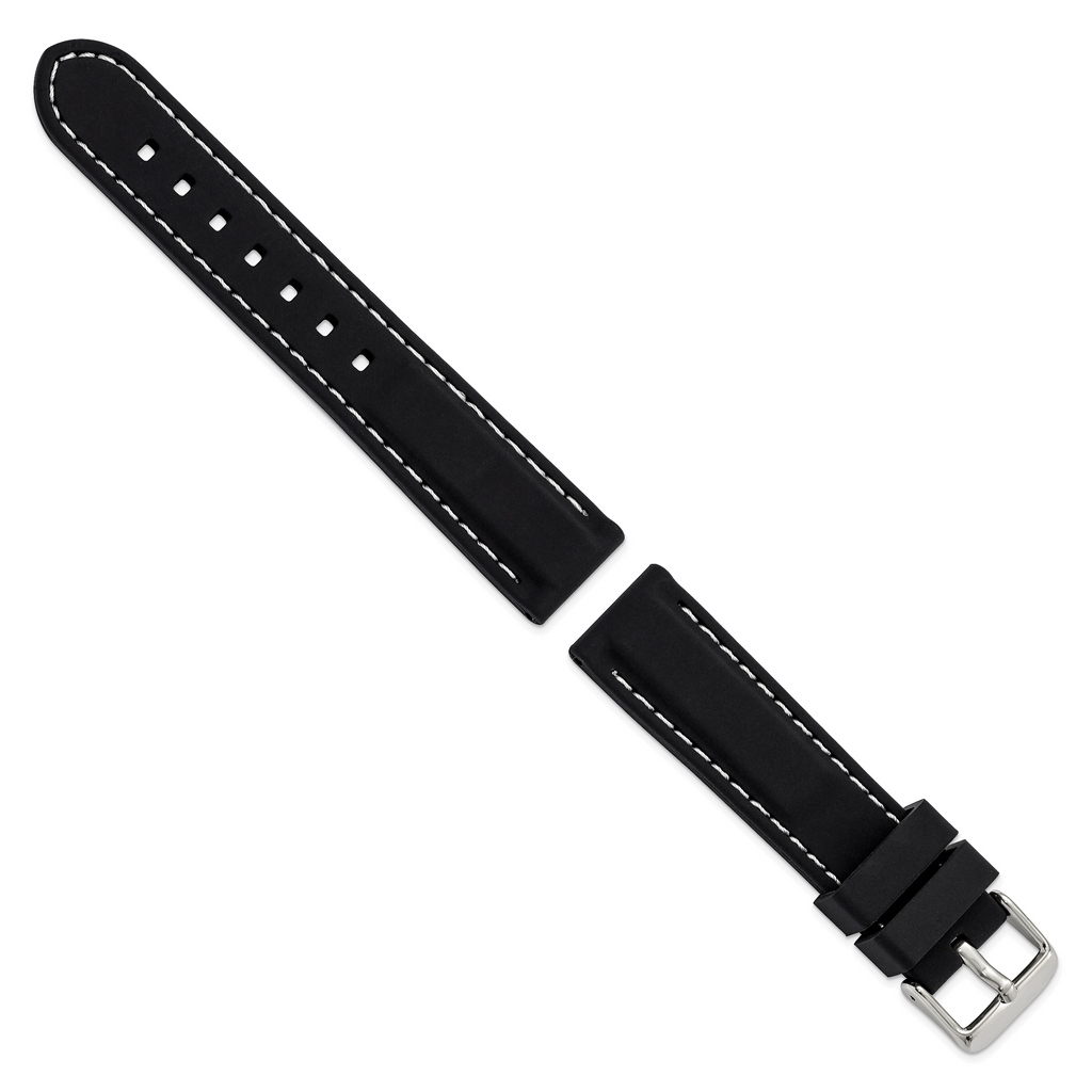 20mm Black Smooth Silicone with White Stitching and Silver-tone Buckle 8 inch Watch Band
