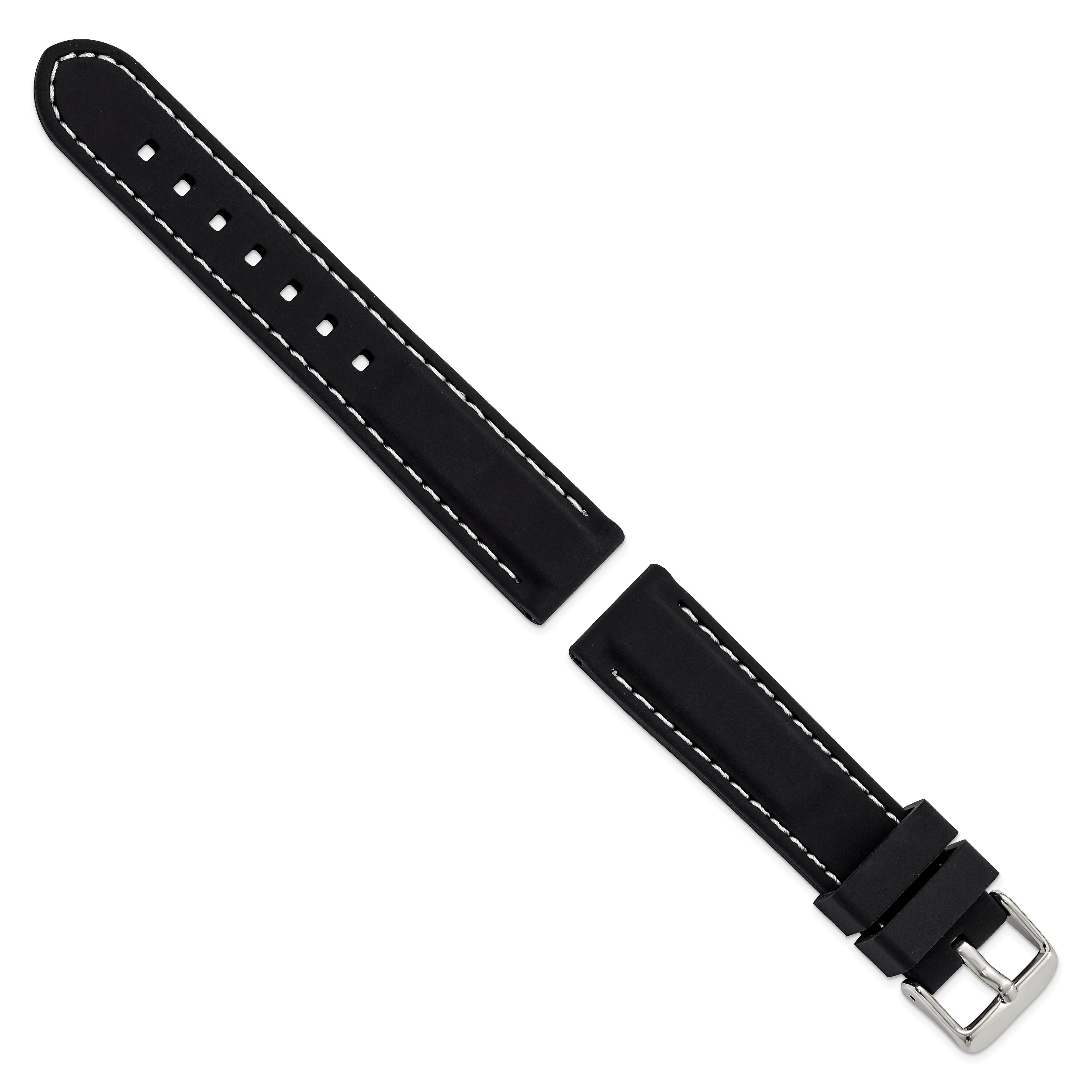 20mm Black Smooth Silicone with White Stitching and Silver-tone Buckle 8 inch Watch Band