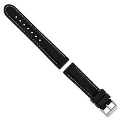 20mm Black Smooth Silicone with White Stitching and Silver-tone Buckle 8 inch Watch Band