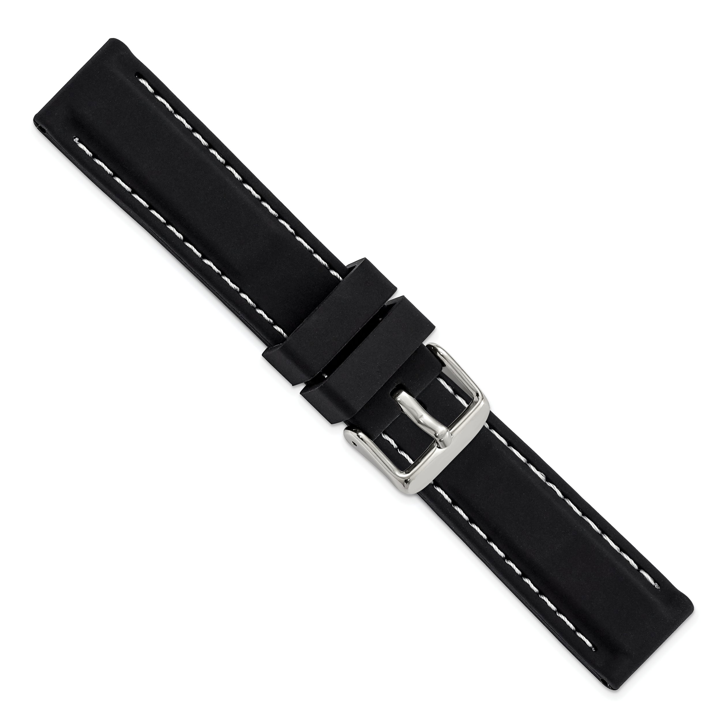 20mm Black Smooth Silicone with White Stitching and Silver-tone Buckle 8 inch Watch Band