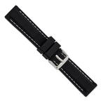 20mm Black Smooth Silicone with White Stitching and Silver-tone Buckle 8 inch Watch Band