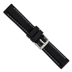 20mm Black Smooth Silicone with White Stitching and Silver-tone Buckle 8 inch Watch Band