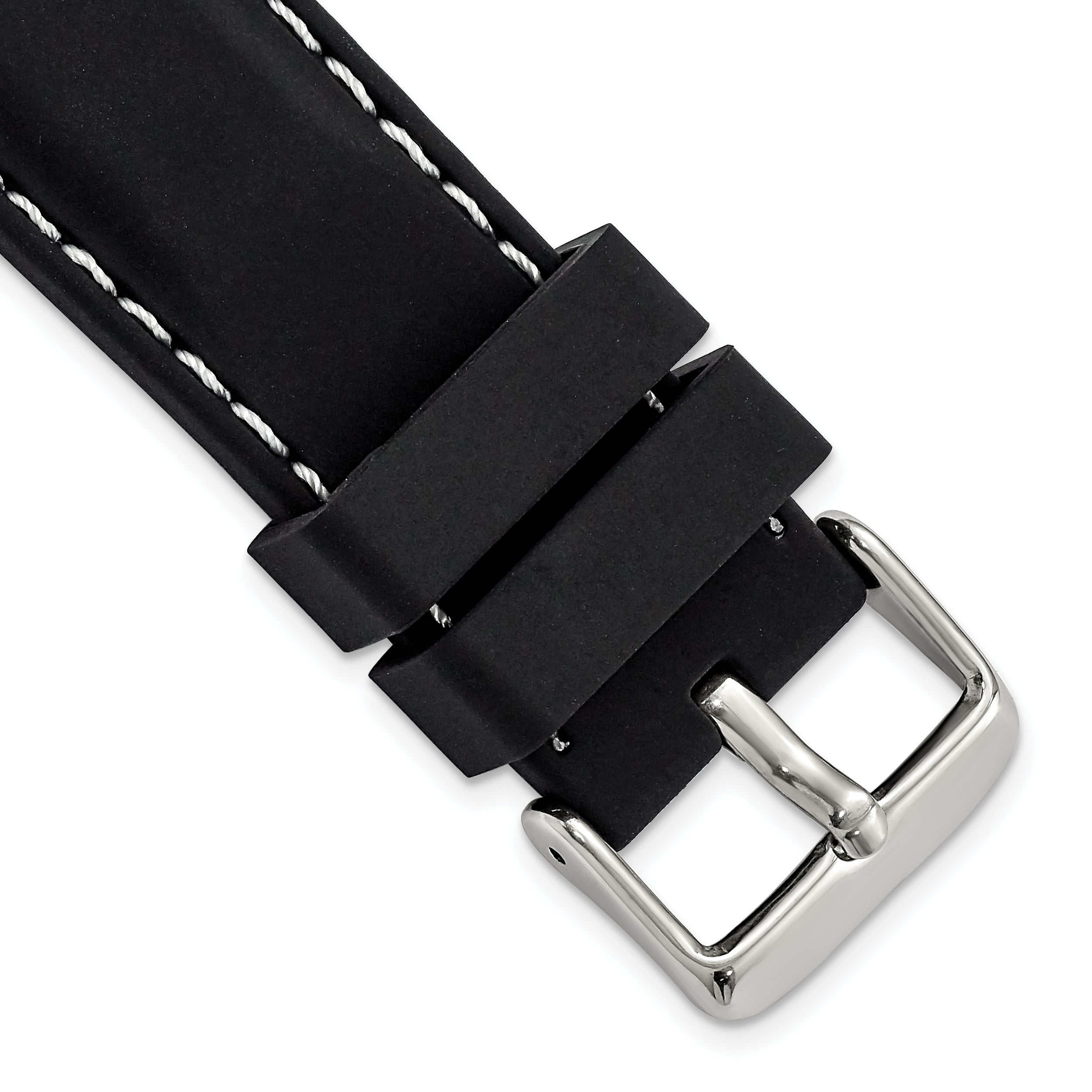 20mm Black Smooth Silicone with White Stitching and Silver-tone Buckle 8 inch Watch Band