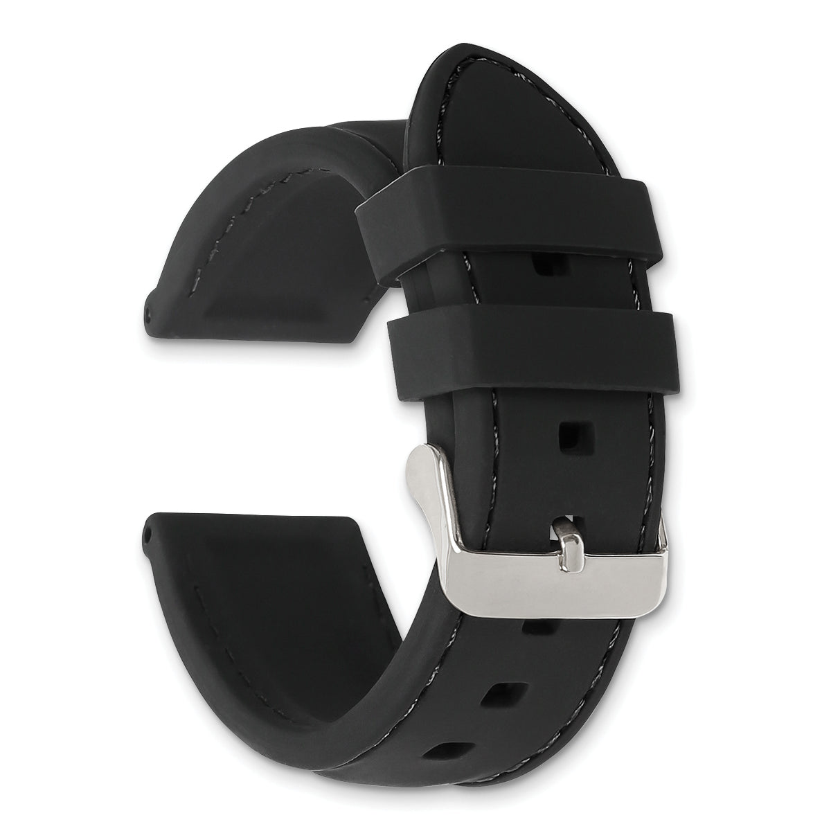 20mm Black Smooth Silicone with Black Stitching and Silver-tone Buckle 8 inch Watch Band