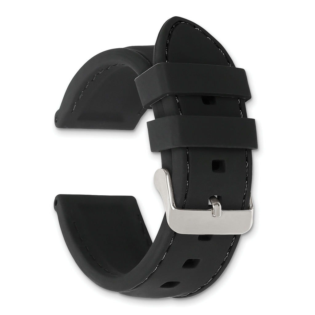 20mm Black Smooth Silicone with Black Stitching and Silver-tone Buckle 8 inch Watch Band
