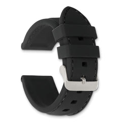 20mm Black Smooth Silicone with Black Stitching and Silver-tone Buckle 8 inch Watch Band